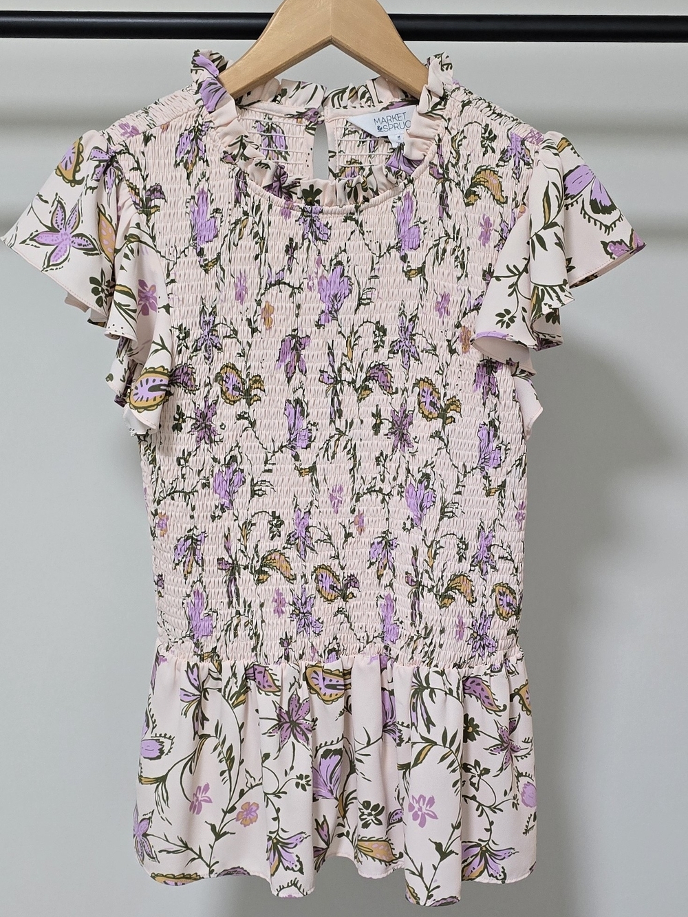 Market & Spruce Cream and Lavender Floral Smocked Peplum Midi Top